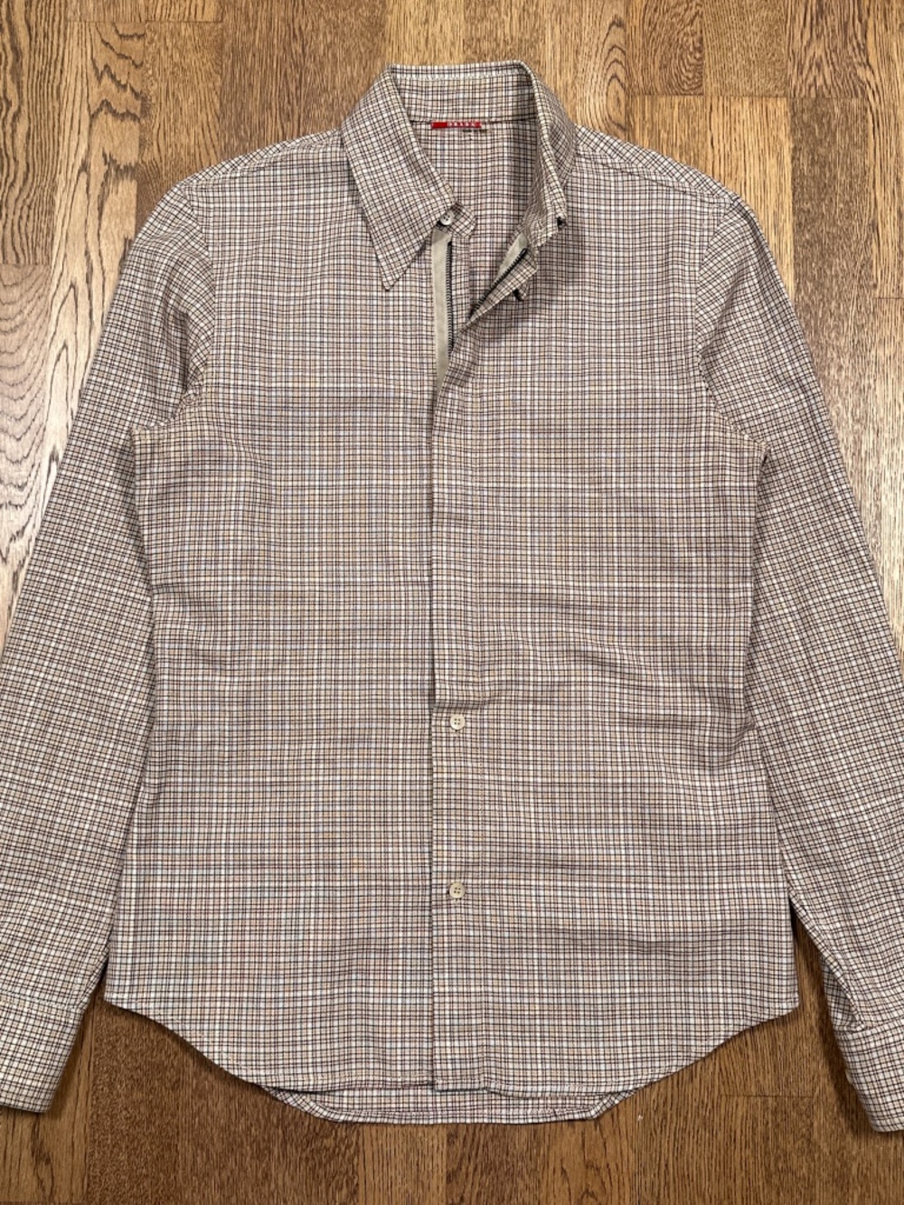 Vintage Y2K Prada Zipper Button Plaid Beige Slim L/S Woven Shirt Mens Small